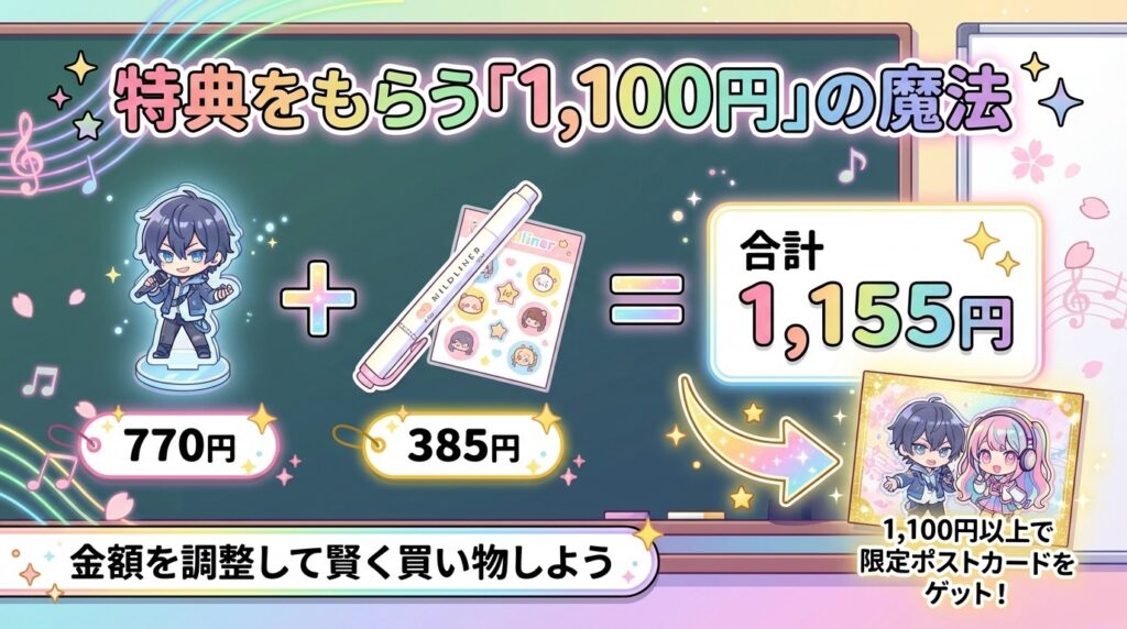 アニメイトでお得に買う金額調整のコツ アニメイトで特典をもらうための1,100円の魔法(アクスタとステッカーで金額調整する買い方のコツ)