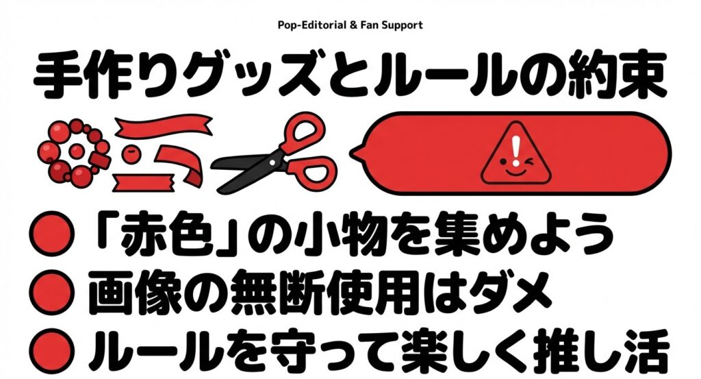 手作りグッズとルールの約束。「赤色」の小物を集めよう、画像の無断使用はダメと書かれたスライド