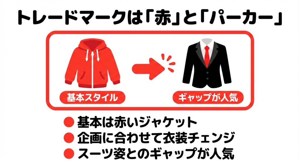 トレードマークは「赤」と「パーカー」、基本スタイルやスーツ姿とのギャップが人気と書かれたスライド