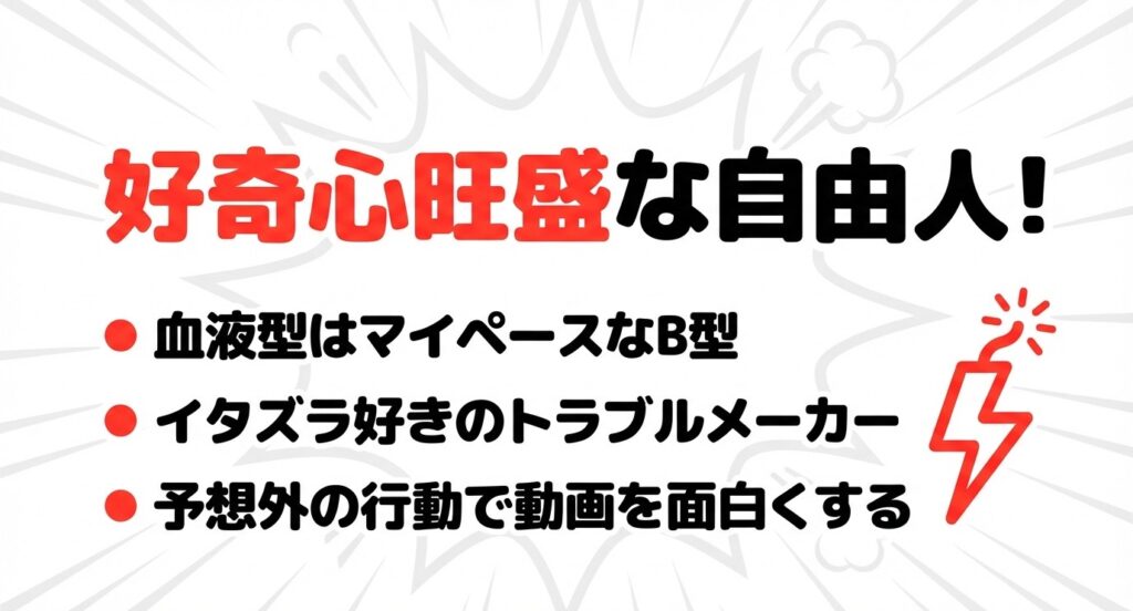 好奇心旺盛な自由人！血液型はマイペースなB型でイタズラ好きのトラブルメーカーと書かれたスライド