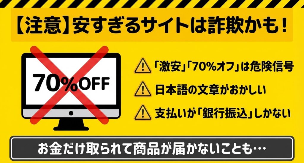 偽物・詐欺サイトを見分ける危険信号 安すぎる詐欺サイトに注意!激安・70%オフ、不自然な日本語、支払いが銀行振込のみは危険信号