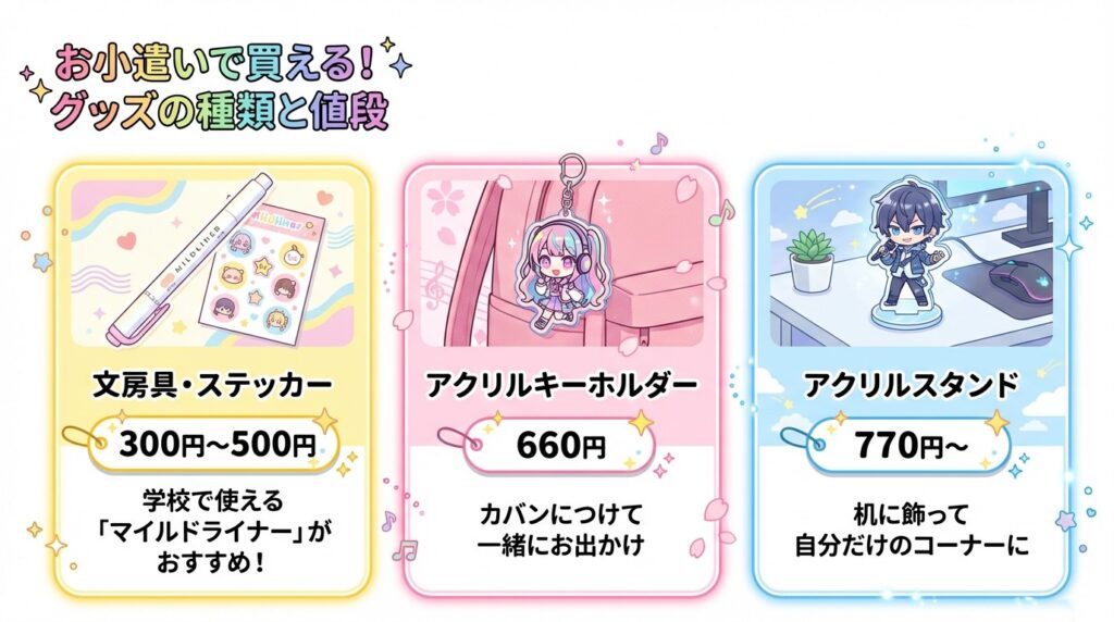 おすすめのグッズの紹介 お小遣いで買えるゆあんくんグッズの種類と値段(アクリルキーホルダー、アクリルスタンド、マイルドライナー等)